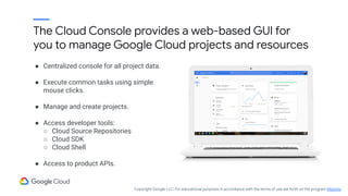 The Cloud Console provides a web-based GUI for
you to manage Google Cloud projects and resources
● Centralized console for all project data.
● Execute common tasks using simple
mouse clicks.
● Manage and create projects.
● Access developer tools:
○ Cloud Source Repositories
○ Cloud SDK
○ Cloud Shell
● Access to product APIs.
Copyright Google LLC. For educational purposes in accordance with the terms of use set forth on the program Website.
 