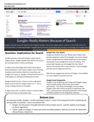 Info@BootCampDigital.com	
                                                                                                                                                              	
  
	
  
646-­‐450-­‐2267	
                                                                                                                                               www.BootCampDigital.com	
  




                                     Google+	
  Really	
  Matters	
  Because	
  of	
  Search.	
  
Google	
  continues	
  to	
  launch	
  features	
  that	
  integrate	
  Google+	
  into	
  search	
  engine	
  results.	
  	
  Search	
  is	
  a	
  key	
  traffic	
  driver	
  for	
  
most	
  businesses,	
  so	
  watching	
  Google+	
  and	
  getting	
  an	
  early	
  start	
  could	
  potentially	
  provide	
  an	
  advantage	
  with	
  Google	
  search.	
  


       Question:	
  Implications	
  for	
  Search	
                                                              Google	
  Plus	
  Your	
  World	
  
                                                                                                                 Google	
  launched	
  the	
  Plus	
  Your	
  World	
  search	
  feature	
  that	
  
       	
  
                                                                                                                 directly	
  integrates	
  content	
  from	
  Google+	
  into	
  search	
  engine	
  
       The	
  BIG	
  question	
  is	
  how	
  will	
  Google+	
  impact	
  search	
  
                                                                                                                 results.	
  	
  Google	
  Plus	
  Your	
  World	
  allows	
  you	
  to	
  see	
  content	
  
       engine	
  results.	
  	
  Google	
  already	
  owns	
  search	
  and	
  social	
  is	
  
                                                                                                                 that	
  people	
  in	
  your	
  Google	
  Plus	
  Circles	
  are	
  sharing.	
  	
  This	
  
       the	
  next	
  big	
  frontier	
  in	
  online	
  marketing.	
  
                                                                                                                 means	
  that	
  if	
  people	
  use	
  the	
  Google	
  Plus	
  Your	
  World	
  
       	
  
                                                                                                                 feature,	
  the	
  content	
  that	
  is	
  most	
  shared	
  or	
  +1ed	
  in	
  Google+	
  
       It	
  makes	
  sense	
  that	
  Google	
  will	
  include	
  social	
  signals	
  
                                                                                                                 will	
  have	
  search	
  engine	
  prominence.	
  
       (they	
  already	
  do)	
  in	
  their	
  search	
  engine	
  results	
  rankings.	
  	
  
                                                                                                                 	
  
       Facebook	
  social	
  activity	
  is	
  behind	
  a	
  closed	
  door	
  and	
  
                                                                                                                 With	
  the	
  low	
  engagement	
  and	
  use	
  of	
  Google+,	
  this	
  probably	
  
       Google	
  can’t	
  access	
  it.	
  	
  Google+	
  will	
  give	
  them	
  access	
  to	
  
                                                                                                                 isn’t	
  very	
  helpful	
  to	
  searchers	
  just	
  yet.	
  
       what	
  people	
  are	
  sharing	
  and	
  talking	
  about	
  online.	
  
                                                                                                                 	
  
       	
  
                                                                                                                 Google	
  Local	
  Integration	
  
       Google	
  already	
  has	
  the	
  +1	
  button	
  on	
  the	
  web,	
  which	
  
                                                                                                                 Google	
  is	
  now	
  integrating	
  local	
  listings	
  with	
  Google+	
  pages,	
  
       allows	
  users	
  to	
  vote	
  for	
  a	
  page	
  or	
  give	
  it	
  a	
  +1.	
  	
  This	
  is	
     which	
  includes	
  ratings	
  and	
  reviews,	
  plus	
  mobile	
  
       similar	
  to	
  liking	
  content	
  on	
  Facebook.	
                                                   optimization.	
  	
  This	
  shows	
  that	
  Google	
  is	
  serious	
  about	
  
       	
                                                                                                        Google+	
  and	
  it	
  will	
  continue	
  to	
  grow	
  in	
  importance	
  over	
  
       It	
  makes	
  sense	
  that	
  +1s	
  will	
  be	
  a	
  factor	
  in	
  search	
  engine	
              time.	
  	
  Local	
  businesses	
  should	
  pay	
  attention	
  to	
  this	
  change	
  
       results	
  since	
  they	
  are	
  essentially	
  votes.	
  	
                                            and	
  follow	
  updates	
  as	
  the	
  integration	
  continues.	
  


                                                                                                  Bottom	
  Line	
  
                                                                                                       	
  

              As	
  a	
  business	
  leader,	
  Google+	
  is	
  worth	
  watching	
  as	
  search	
  +	
  social	
  is	
  the	
  holy	
  grail	
  of	
  online	
  marketing	
  and	
  
              driving	
  traffic	
  to	
  websites.	
  	
  Here	
  is	
  the	
  bottom	
  line:	
  
                     • Google+	
  has	
  the	
  power	
  of	
  Google	
  behind	
  it	
  and	
  can	
  impact	
  search.	
  	
  Look	
  for	
  updates	
  and	
  changes	
  
                           to	
  search	
  algorithms.	
  
                     • Create	
  a	
  page	
  on	
  Google+	
  to	
  claim	
  your	
  place	
  and	
  allow	
  people	
  to	
  add	
  you	
  to	
  circles.	
  If	
  it	
  does	
  take	
  
                           off	
  you’ll	
  have	
  a	
  head	
  start.	
  
                                                                                                                                                                                                                 7	
  
	
  
 