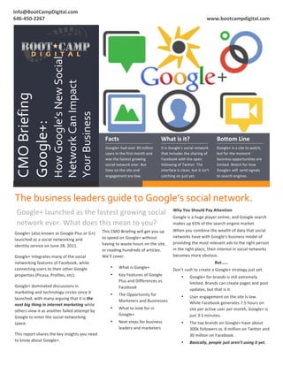 2
1




    Info@BootCampDigital.com	
                                                                                                                                                                                  	
  
    	
  
    646-­‐450-­‐2267	
                                                                                                                                                                   www.bootcampdigital.com	
  




                                         How	
  Google’s	
  New	
  Social	
  
                                         Network	
  Can	
  Impact	
  
     CMO	
  Briefing	
  



                                         Your	
  Business	
  
     Google+:	
  




                                                                                        Facts	
  	
                                       What	
  is	
  it?	
                                    Bottom	
  Line	
  
                                                                                        Google+	
  had	
  over	
  30	
  million	
         It	
  is	
  Google’s	
  social	
  network	
            Google+	
  is	
  a	
  site	
  to	
  watch,	
  
                                                                                        users	
  in	
  the	
  first	
  month	
  and	
     that	
  includes	
  the	
  sharing	
  of	
             but	
  for	
  the	
  moment	
  
                                                                                        was	
  the	
  fastest	
  growing	
                Facebook	
  with	
  the	
  open	
                      business	
  opportunities	
  are	
  
                                                                                        social	
  network	
  ever.	
  But	
               following	
  of	
  Twitter.	
  The	
                   limited.	
  Watch	
  for	
  how	
  
                                                                                        time	
  on	
  the	
  site	
  and	
                interface	
  is	
  clean,	
  but	
  it	
  isn’t	
      Google+	
  will	
  	
  send	
  signals	
  
                                                                                        engagement	
  are	
  low.	
                       catching	
  on	
  just	
  yet.	
                       to	
  search	
  engines	
  




           The	
  business	
  leaders	
  guide	
  to	
  Google’s	
  social	
  network.	
  
            Google+	
  launched	
  as	
  the	
  fastest	
  growing	
  social	
                                                                        Why	
  You	
  Should	
  Pay	
  Attention	
  
                                                                                                                                                      Google	
  is	
  a	
  huge	
  player	
  online,	
  and	
  Google	
  search	
  
            network	
  ever.	
  What	
  does	
  this	
  mean	
  to	
  you?	
                                                                          makes	
  up	
  65%	
  of	
  the	
  search	
  engine	
  market.	
  	
  	
  
                                                                                                                                                      When	
  you	
  combine	
  the	
  wealth	
  of	
  data	
  that	
  social	
  
            	
  
           Google+	
  (also	
  known	
  as	
  Google	
  Plus	
  or	
  G+)	
   This	
  CMO	
  Briefing	
  will	
  get	
  you	
  up	
  
                                                                              to	
  speed	
  on	
  Google+	
  without	
                               networks	
  have	
  with	
  Google’s	
  business	
  model	
  of	
  
           launched	
  as	
  a	
  social	
  networking	
  and	
  
                                                                                    having	
  to	
  waste	
  hours	
  on	
  the	
  site,	
            providing	
  the	
  most	
  relevant	
  ads	
  to	
  the	
  right	
  person	
  
           identity	
  service	
  on	
  June	
  28,	
  2011.	
  
                                                                                    or	
  reading	
  hundreds	
  of	
  articles.	
  	
                in	
  the	
  right	
  place,	
  their	
  interest	
  in	
  social	
  networks	
  
           Google+	
  integrates	
  many	
  of	
  the	
  social	
                   We’ll	
  cover:	
                                                 becomes	
  more	
  obvious.	
  
           networking	
  features	
  of	
  Facebook,	
  while	
                                                                                                                                 But……	
  
           connecting	
  users	
  to	
  their	
  other	
  Google	
                          •       What	
  is	
  Google+	
  
                                                                                                                                                      Don’t	
  rush	
  to	
  create	
  a	
  Google+	
  strategy	
  just	
  yet.	
  	
  
           properties	
  (Picasa,	
  Profiles,	
  etc).	
                                   •       Key	
  Features	
  of	
  Google	
                          •       Google+	
  for	
  brands	
  is	
  still	
  extremely	
  
                                                                                                    Plus	
  and	
  Differences	
  vs.	
                                limited.	
  Brands	
  can	
  create	
  pages	
  and	
  post	
  
           Google+	
  dominated	
  discussions	
  in	
                                              Facebook	
                                                         updates,	
  but	
  that	
  is	
  it.	
  
           marketing	
  and	
  technology	
  circles	
  since	
  it	
  
                                                                                            •       The	
  Opportunity	
  for	
                                •       User	
  engagement	
  on	
  the	
  site	
  is	
  low.	
  	
  
           launched,	
  with	
  many	
  arguing	
  that	
  it	
  is	
  the	
  
                                                                                                    Marketers	
  and	
  Businesses	
                                   While	
  Facebook	
  generates	
  7.5	
  hours	
  on	
  
           next	
  big	
  thing	
  in	
  internet	
  marketing	
  while	
  
                                                                                            •       What	
  to	
  look	
  for	
  in	
                                  site	
  per	
  active	
  user	
  per	
  month,	
  Google+	
  is	
  
           others	
  view	
  it	
  as	
  another	
  failed	
  attempt	
  by	
  
                                                                                                    Google+	
                                                          just	
  3.5	
  minutes.	
  
           Google	
  to	
  enter	
  the	
  social	
  networking	
  
           space.	
                                                                         •       Next	
  steps	
  for	
  business	
                         •       The	
  top	
  brands	
  on	
  Google+	
  have	
  about	
  
                                                                                                    leaders	
  and	
  marketers	
                                      300k	
  followers	
  vs.	
  8	
  million	
  on	
  Twitter	
  and	
  
           This	
  report	
  shares	
  the	
  key	
  insights	
  you	
  need	
   	
                                                                                    30	
  million	
  on	
  Facebook.	
  
           to	
  know	
  about	
  Google+.	
                                                                                                                   •       Basically,	
  people	
  just	
  aren’t	
  using	
  it	
  yet.	
  
    	
  
 