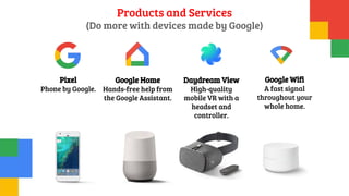 Products and Services
(Do more with devices made by Google)
Pixel
Phone by Google.
Google Home
Hands-free help from
the Google Assistant.
Daydream View
High-quality
mobile VR with a
headset and
controller.
Google Wifi
A fast signal
throughout your
whole home.
 
