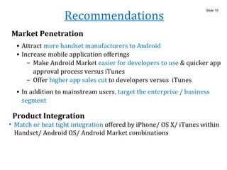 Recommendations
• Attract more handset manufacturers to Android
Slide 10
• Increase mobile application offerings
– Make An...
