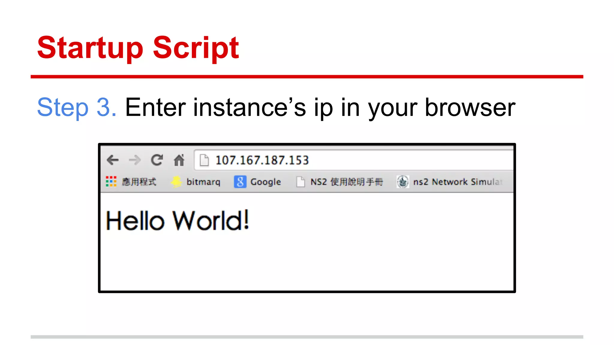 Startup Script
Step 3. Enter instance’s ip in your browser
 