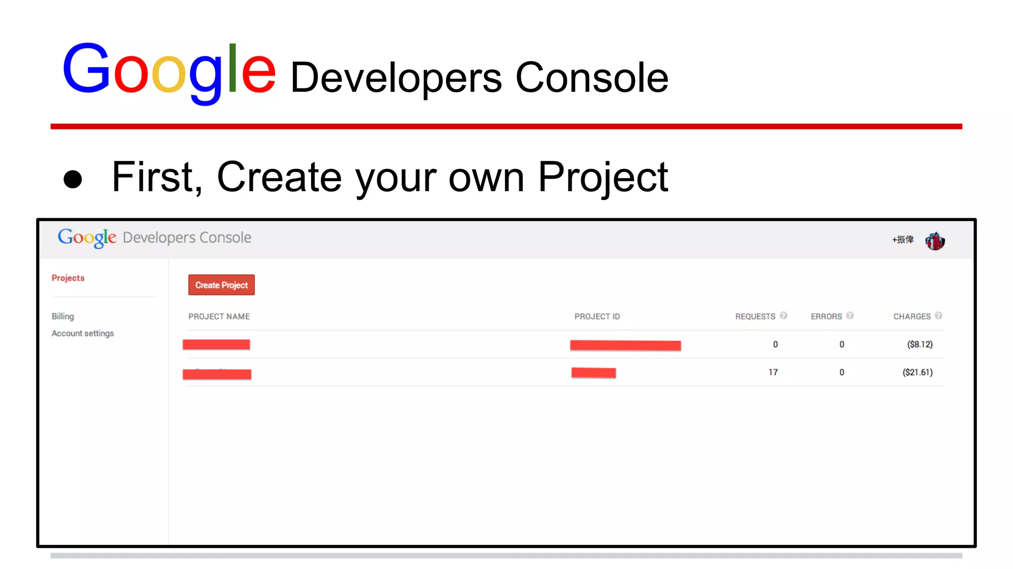 Google Developers Console
● First, Create your own Project
 