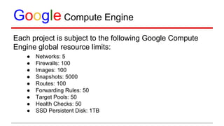 Google Compute Engine
Each project is subject to the following Google Compute
Engine global resource limits:
● Networks: 5
● Firewalls: 100
● Images: 100
● Snapshots: 5000
● Routes: 100
● Forwarding Rules: 50
● Target Pools: 50
● Health Checks: 50
● SSD Persistent Disk: 1TB
 