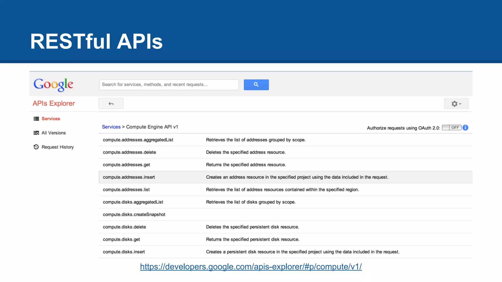 RESTful APIs
https://developers.google.com/apis-explorer/#p/compute/v1/
 