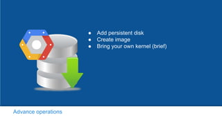 ● Add persistent disk
● Create image
● Bring your own kernel (brief)
Advance operations
 