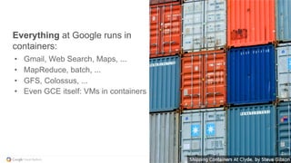 Everything at Google runs in
containers:
•  Gmail, Web Search, Maps, ...
•  MapReduce, batch, ...
•  GFS, Colossus, ...
•  Even GCE itself: VMs in containers
 