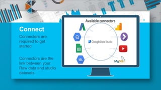 8
Connect
Connecters are
required to get
started.
Connectors are the
link between your
Raw data and studio
datasets.
 