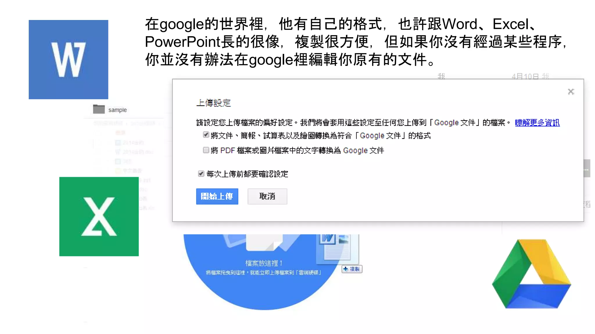 在google的世界裡，他有自己的格式，也許跟Word、Excel、
PowerPoint長的很像，複製很方便，但如果你沒有經過某些程序，
你並沒有辦法在google裡編輯你原有的文件。
 