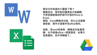 看到文件前面的小圖案了嗎？
轉換成功，看到對的圖案後才能編輯，
不然我都統稱他們是PDF版的Word or
Excel。
優點：Excel轉換成功後，所以公式都會
被保留，操作介面幾乎和office相同。
缺點：若word有表格，轉換成功後會很
醜，也不能像office一樣變漂亮，如果只
是要備份，就不用轉換了。
 