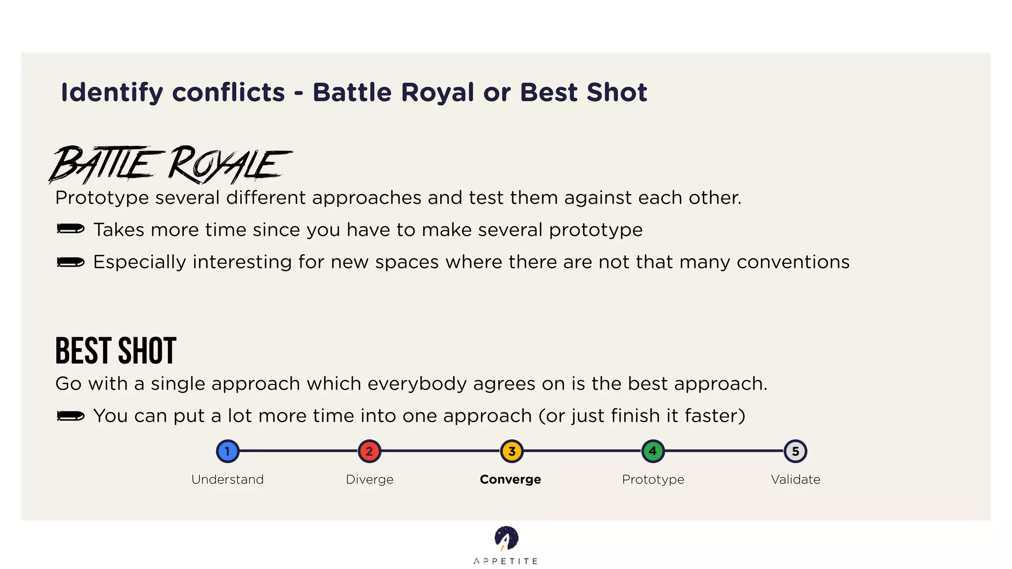 Identify conﬂicts - Battle Royal or Best Shot
Battle Royale
Prototype several diﬀerent approaches and test them against each other.
Takes more time since you have to make several prototype
Especially interesting for new spaces where there are not that many conventions
Best Shot
Go with a single approach which everybody agrees on is the best approach.
You can put a lot more time into one approach (or just ﬁnish it faster)
Understand Diverge Converge Prototype Validate
1 2 3 4 5
 
