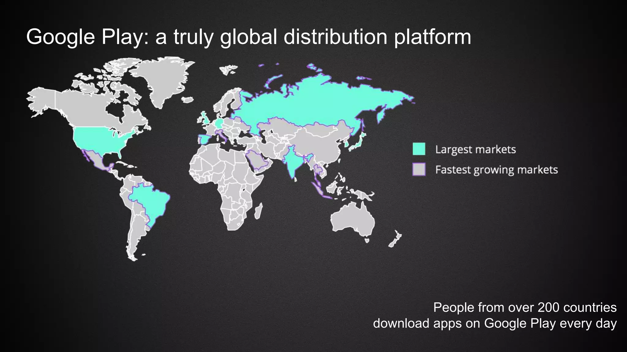 Google Play: a truly global distribution platform
People from over 200 countries
download apps on Google Play every day
 