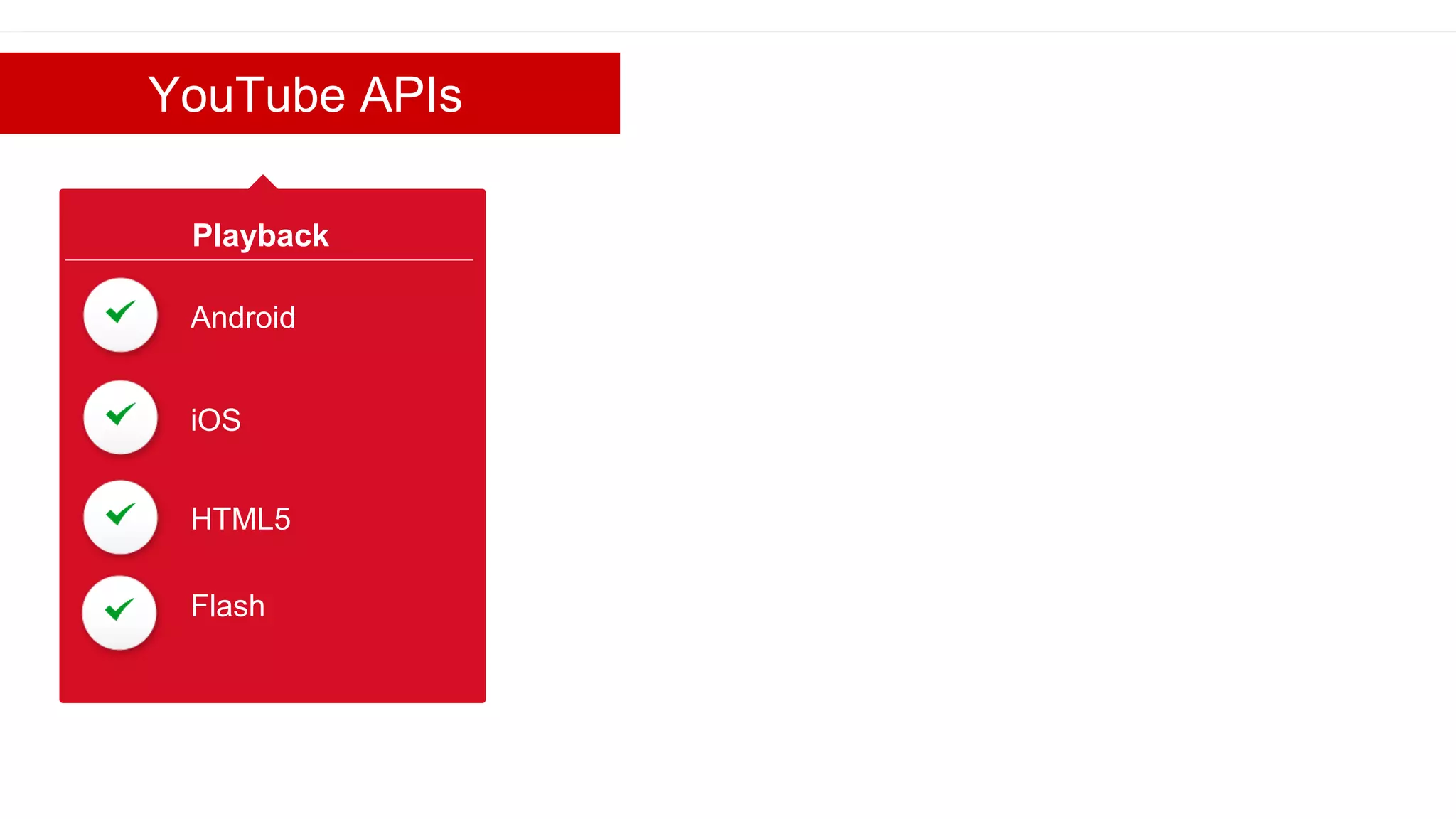 Google confidential | Do not distribute
YouTube APIs
Playback
Android
Flash
HTML5
iOS
 