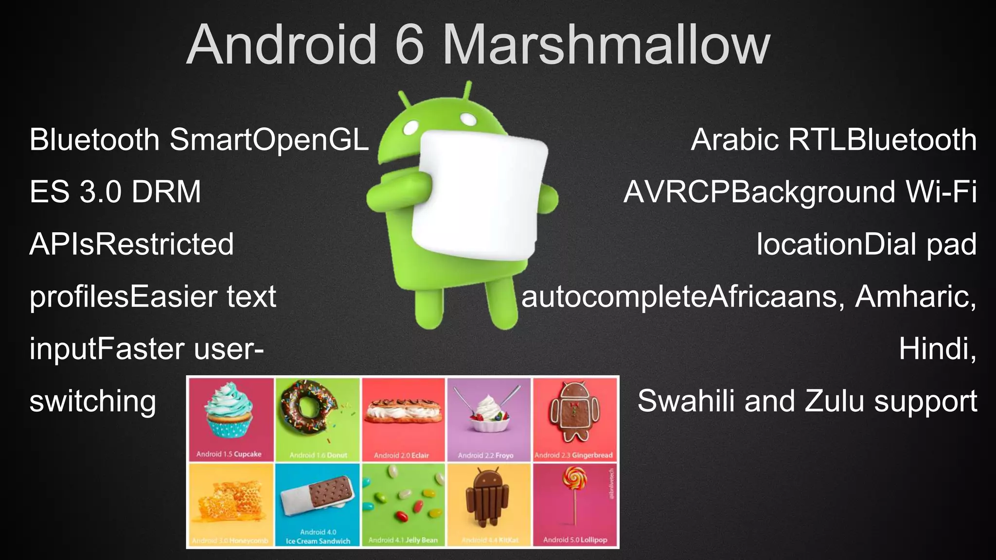 Arabic RTLBluetooth
AVRCPBackground Wi-Fi
locationDial pad
autocompleteAfricaans, Amharic,
Hindi,
Swahili and Zulu support
Android 6 Marshmallow
Bluetooth SmartOpenGL
ES 3.0 DRM
APIsRestricted
profilesEasier text
inputFaster user-
switching
 