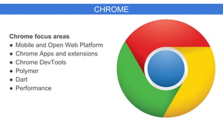 CHROME
Chrome focus areas
● Mobile and Open Web Platform
● Chrome Apps and extensions
● Chrome DevTools
● Polymer
● Dart
● Performance
 