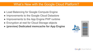 What’s New with the Google Cloud Platform?
● Load Balancing for Google Compute Engine
● Improvements to the Google Cloud Datastore
● Improvements to the App Engine PHP runtime
● Encryption at rest for Cloud Storage objects
● (preview) Dedicated memcache for App Engine
App Engine
cache
 