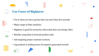 • Use it when you have queries that run more than five seconds
• Major usage in Data Analytics
• BigQuery is good for scenarios where data does not change often
• Retailer using data to forecast product sales
• Ads targeting proper customer sections
• Log analysis is making sense of computer generated records
Use Cases of BigQuery
• Use it when you have queries that run more than five seconds
• Major usage in Data Analytics
• BigQuery is good for scenarios where data does not change often
• Retailer using data to forecast product sales
• Ads targeting proper customer sections
• Log analysis is making sense of computer generated records
Use Cases of BigQuery
 