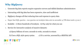 1. Generate big data reports require expensive servers and skilled database administrators
2. Interacting with big data has been expensive, slow and inefficient
3. BigQuery changes all that reducing time and expense to query data
4. Super fast SQL queries - run queries on terabyte data sets in seconds( 4.7TB data took 2.5 sec.)
5. Scalable – i) Store hundreds of terabytes ii) Pay only for what you use
6. Service for interactive analysis of massive datasets:
a) Query billions of rows: seconds to write, seconds to return
b) Uses a SQL style query syntax c) It's a service, accessed by a RESTful API
Why BigQuery
 