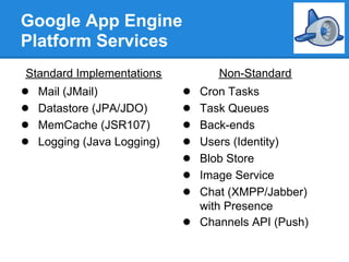 Google App Engine
Platform Services
Standard Implementations            Non-Standard
●   Mail (JMail)             ●   Cron Tasks
●   Datastore (JPA/JDO)      ●   Task Queues
●   MemCache (JSR107)        ●   Back-ends
●   Logging (Java Logging)   ●   Users (Identity)
                             ●   Blob Store
                             ●   Image Service
                             ●   Chat (XMPP/Jabber)
                                 with Presence
                             ●   Channels API (Push)
 