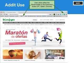 User clicks either the
Addit Use   Bookmarklet or the Extension
             button (FF, Safari, Chrome)
 