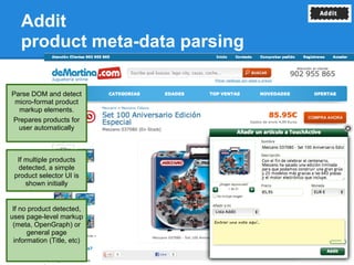 Addit
   product meta-data parsing

Parse DOM and detect
 micro-format product
  markup elements.
Prepares products for
  user automatically



  If multiple products
  detected, a simple
 product selector UI is
     shown initially


 If no product detected,
uses page-level markup
 (meta, OpenGraph) or
       general page
  information (Title, etc)
 