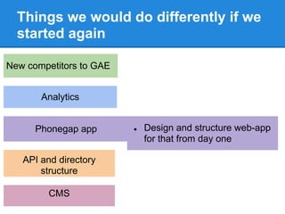 Things we would do differently if we
  started again

New competitors to GAE


       Analytics


      Phonegap app       ●   Design and structure web-app
                             for that from day one

   API and directory
       structure

         CMS
 