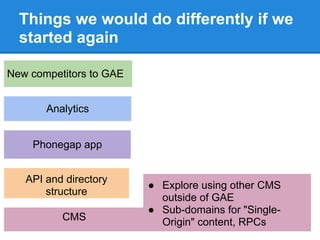 Things we would do differently if we
  started again

New competitors to GAE


       Analytics


    Phonegap app


   API and directory
                         ● Explore using other CMS
       structure
                           outside of GAE
                         ● Sub-domains for "Single-
          CMS              Origin" content, RPCs
 