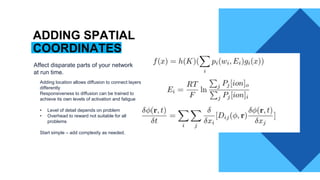 ADDING SPATIAL
COORDINATES
Adding location allows diffusion to connect layers
differently
Responsiveness to diffusion can be trained to
achieve its own levels of activation and fatigue
• Level of detail depends on problem
• Overhead to reward not suitable for all
problems
Start simple – add complexity as needed.
Affect disparate parts of your network
at run time.
 