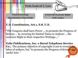 U.S. Constitution, Art.1, S.8. U.S.  “ The Congress shall have Power ... to promote the Progress of Science ... by securing for limited Times to Authors ... the exclusive Right to their respective Writings....”  Feist Publications, Inc. v Rural Telephone Service Co.,  ‘The primary objective of copyright is not to reward the labor of authors, but "to promote the Progress of Science and useful Arts. " Twin Goal of  © Law Promote learning/  dissemination of knowledge Protect the Economic Rights  of the Author 
