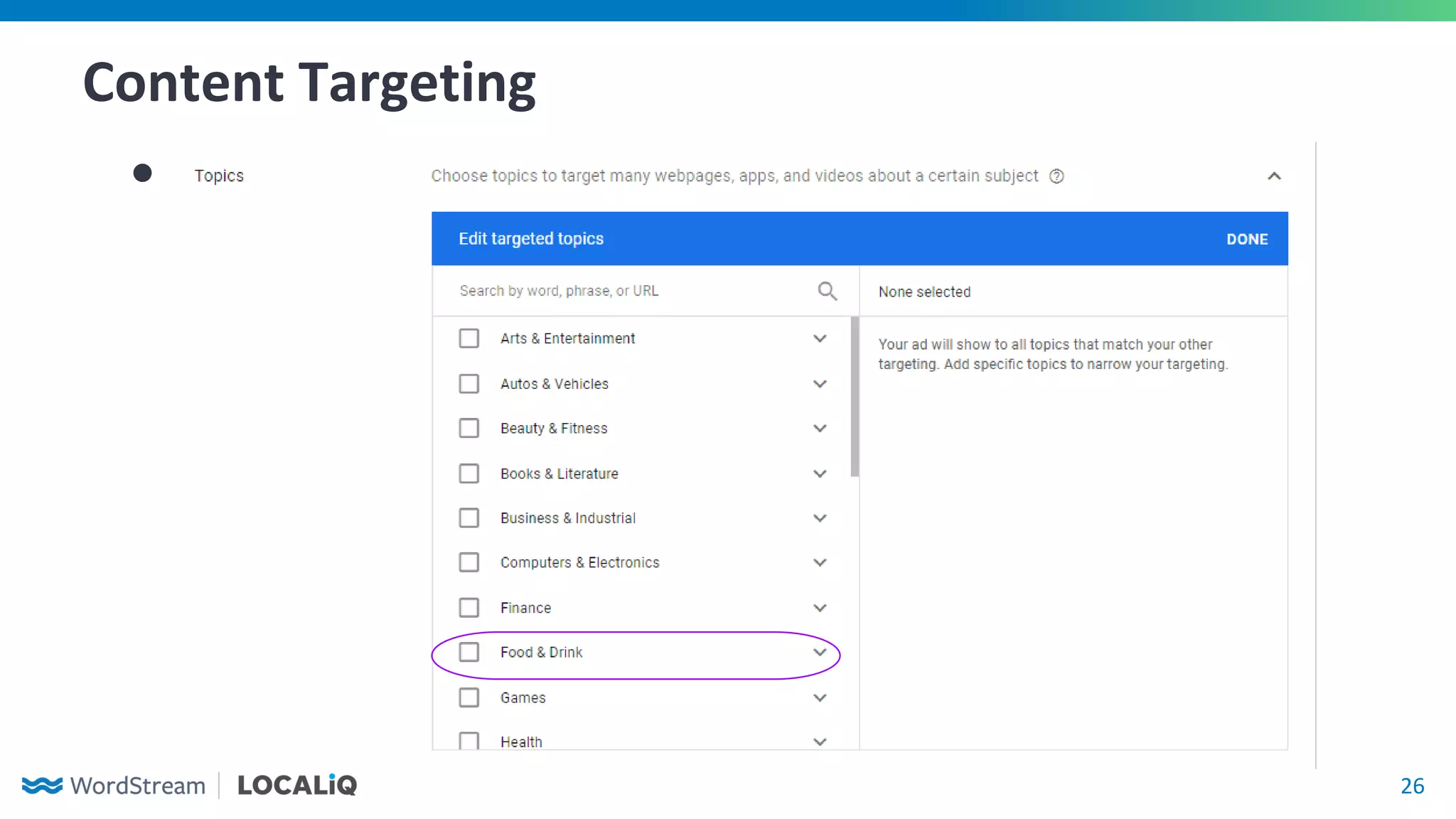 26
Content Targeting
● Managed Topics
 