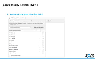 Google Display Network ( GDN )
 Yeniden Pazarlama Listesine Göre
 