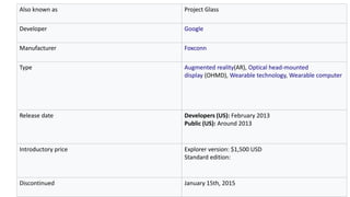 Also known as Project Glass
Developer Google
Manufacturer Foxconn
Type Augmented reality(AR), Optical head-mounted
display (OHMD), Wearable technology, Wearable computer
Release date Developers (US): February 2013
Public (US): Around 2013
Introductory price Explorer version: $1,500 USD
Standard edition:
Discontinued January 15th, 2015
 