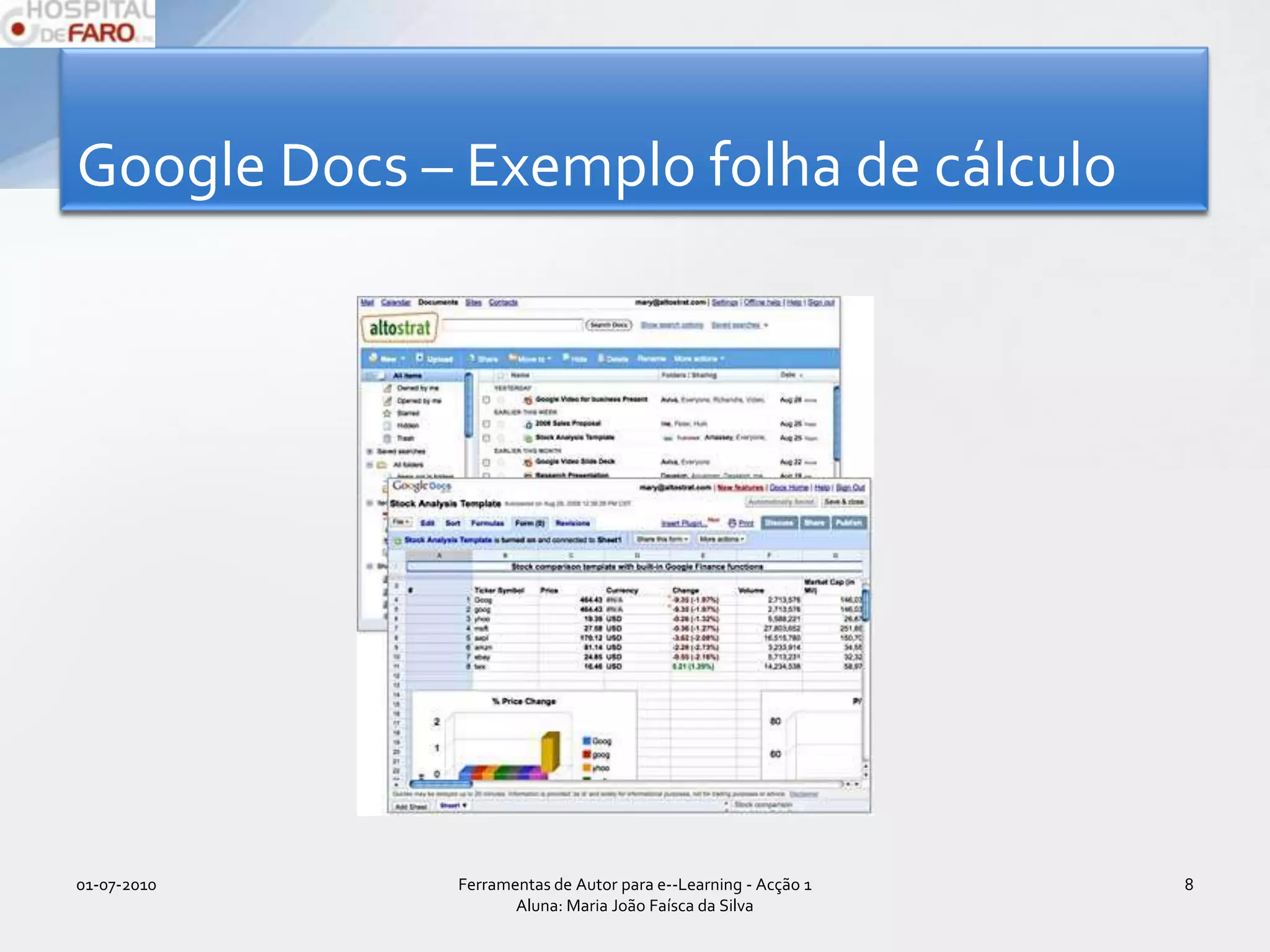 Google Docs – Exemplo folha de cálculo  01-07-2010Ferramentas de Autor para e--Learning - Acção 1 Aluna: Maria João Faísca da Silva8