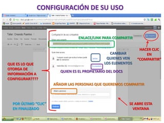CONFIGURACIÓN DE SU USO



                                  ENLACE/LINK PARA COMPARTIR

                                                                 HACER CLIC
                                                  CAMBIAR           EN
                                                QUIENES VEN     “COMPARTIR”
QUE ES LO QUE                                  LOS ELEMENTOS
OTORGA DE
                         QUIEN ES EL PROPIETARIO DEL DOCS
INFORMACIÓN A
CONFIGURAR????
                      AÑADIR LAS PERSONAS QUE QUEREMOS COMPARTIR



  POR ÚLTIMO “CLIC”                                         SE ABRE ESTA
  EN FINALIZADO                                               VENTANA
 
