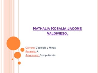NATHALIA ROSALÍA JÁCOME
VALDIVIESO.
Carrera: Geología y Minas.
Paralelo: A.
Asignatura: Computación.