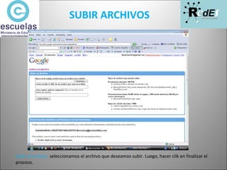 SUBIR UN ARCHIVO Subir el archivo:  seleccionamos el archivo que deseamos subir. Luego, hacer clik en finalizar el proceso. SUBIR ARCHIVOS 