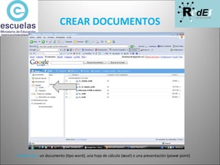 CREAR DOCUMENTOS Puede crear:  un documento (tipo word), una hoja de cálculo (excel) o una presentación (power point) 