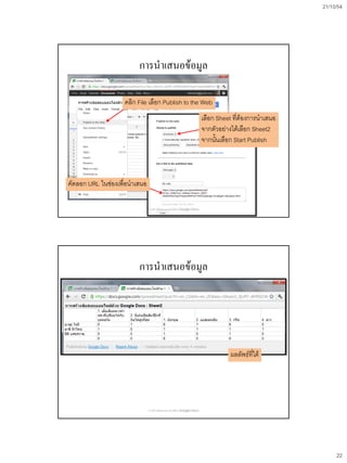 21/10/54
22
การนาเสนอข้อมูล
เลือก Sheet ที่ต้องการนาเสนอ
จากตัวอย่างได้เลือก Sheet2
จากนั้นเลือก Start Publish
คัดลอก URL ในช่องเพื่อนาเสนอ
คลิก File เลือก Publish to the Web
การสร้างข้อสอบออนไลน์ด้วย Google Docs
การนาเสนอข้อมูล
ผลลัพธ์ที่ได้
การสร้างข้อสอบออนไลน์ด้วย Google Docs
 