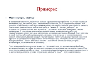 Примеры:
•

Мозговой штурм... в таблице
В отличие от текстового, табличный шаблон заранее можно разработать так, чтобы места для
вклада каждого, так сказать, зоны личной ответственности, были определены заранее. Это
решение особенно актуально в условиях большого числа участников и при дефиците времени,
отведенного на выполнение конкретной работы. Скажем, в "шапках" таблицы - по
горизонтали - этапы штурма, а по вертикали - группы под номерами/команды со своими
названиями. В этом случае можно внутри команды еще и распределить работу по
этапам/задачам и приступить к ее выполнению всем сразу, синхронно. Каждый будет работать
в своей ячейке, таблица будет прирастать на глазах, но в процессе ее пополнения никто
никому не помешает, так как каждый отвечает за свою часть! Кроме существенной экономии
времени на обнародование результатов, обеспечивается еще и максимальная вовлеченность
всех участников. Главное при таком способе - обеспечить побольше точек доступа компьютеров, подключенных к Интернету .
Этот же вариант будет хорош не только для групповой, но и для индивидуальной работы,
когда вместо групп, в ячейки вертикального оглавления вписываются имена участников. Еще
одно преимущество онлайн-штурма - принципиальная возможность поддержки асинхронного
и дистантного режимов, что при организации штурма "в реале" - почти недостижимо.

 