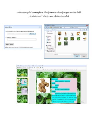 จากนั้นจะปรากฏหน้าต่าง “แทรกรูปภาพ” ให้กดปุ่ม “Browse” แล้วกดปุ่ม “Open” ตามลา ดับ เมื่อได้ 
รูปภาพที่ต้องการแล้ว ให้กดปุ่ม “ตกลง” เพื่อนา ภาพใส่ลงสไลด์ 
 