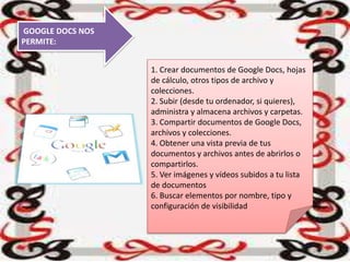 GOOGLE DOCS NOS
PERMITE:
1. Crear documentos de Google Docs, hojas
de cálculo, otros tipos de archivo y
colecciones.
2. Subir (desde tu ordenador, si quieres),
administra y almacena archivos y carpetas.
3. Compartir documentos de Google Docs,
archivos y colecciones.
4. Obtener una vista previa de tus
documentos y archivos antes de abrirlos o
compartirlos.
5. Ver imágenes y vídeos subidos a tu lista
de documentos
6. Buscar elementos por nombre, tipo y
configuración de visibilidad
 