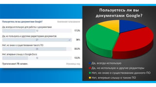 Пользуетесь ли вы
документами Google?
Да, всегда использую
Да, но использую и другие редакторы
Нет, но знаю о существовании данного ПО
Нет, впервые слышу о таком ПО
 
