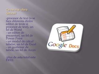 Ce ne maioferaGdocs?-procesorde text (a se face diferentadintre editor de textesiprocesor de text), un fel de Word- un editor de prezentari, un fel de Power Point- un modul de calcultabelar, un fel de Excel- un gestionar de tabele, un fel de Acces:plus de astatotuleste FREE: