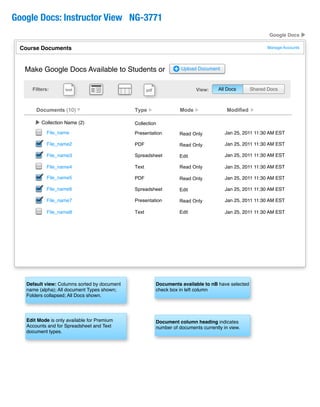 Google Docs: Instructor View NG-3771
                                                                                                             Google Docs

 Course Documents                                                                                           Manage Accounts




   Make Google Docs Available to Students or                          Upload Document



     Filters:       Text
                    text                                                     View:     All Docs       Shared Docs
                                                     pdf



       Documents (10)                         Type                   Mode                  Modified

         Collection Name (2)                  Collection
            File_name                         Presentation           Read Only            Jan 25, 2011 11:30 AM EST

            File_name2                        PDF                    Read Only            Jan 25, 2011 11:30 AM EST

            File_name3                        Spreadsheet            Edit                 Jan 25, 2011 11:30 AM EST

            File_name4                        Text                   Read Only            Jan 25, 2011 11:30 AM EST

            File_name5                        PDF                    Read Only            Jan 25, 2011 11:30 AM EST

            File_name6                        Spreadsheet            Edit                 Jan 25, 2011 11:30 AM EST

            File_name7                        Presentation           Read Only            Jan 25, 2011 11:30 AM EST

            File_name8                        Text                   Edit                 Jan 25, 2011 11:30 AM EST




   Default view: Columns sorted by document                Documents available to nB have selected
   name (alpha); All document Types shown;                 check box in left column
   Folders collapsed; All Docs shown.




   Edit Mode is only available for Premium                 Document column heading indicates
   Accounts and for Spreadsheet and Text                   number of documents currently in view.
   document types.
 