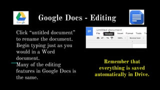 Google Docs - Editing
Click “untitled document”
to rename the document.
Begin typing just as you
would in a Word
document.
Many of the editing
features in Google Docs is
the same.
Remember that
everything is saved
automatically in Drive.
 