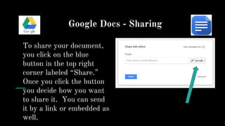 Google Docs - Sharing
To share your document,
you click on the blue
button in the top right
corner labeled “Share.”
Once you click the button
you decide how you want
to share it. You can send
it by a link or embedded as
well.
 