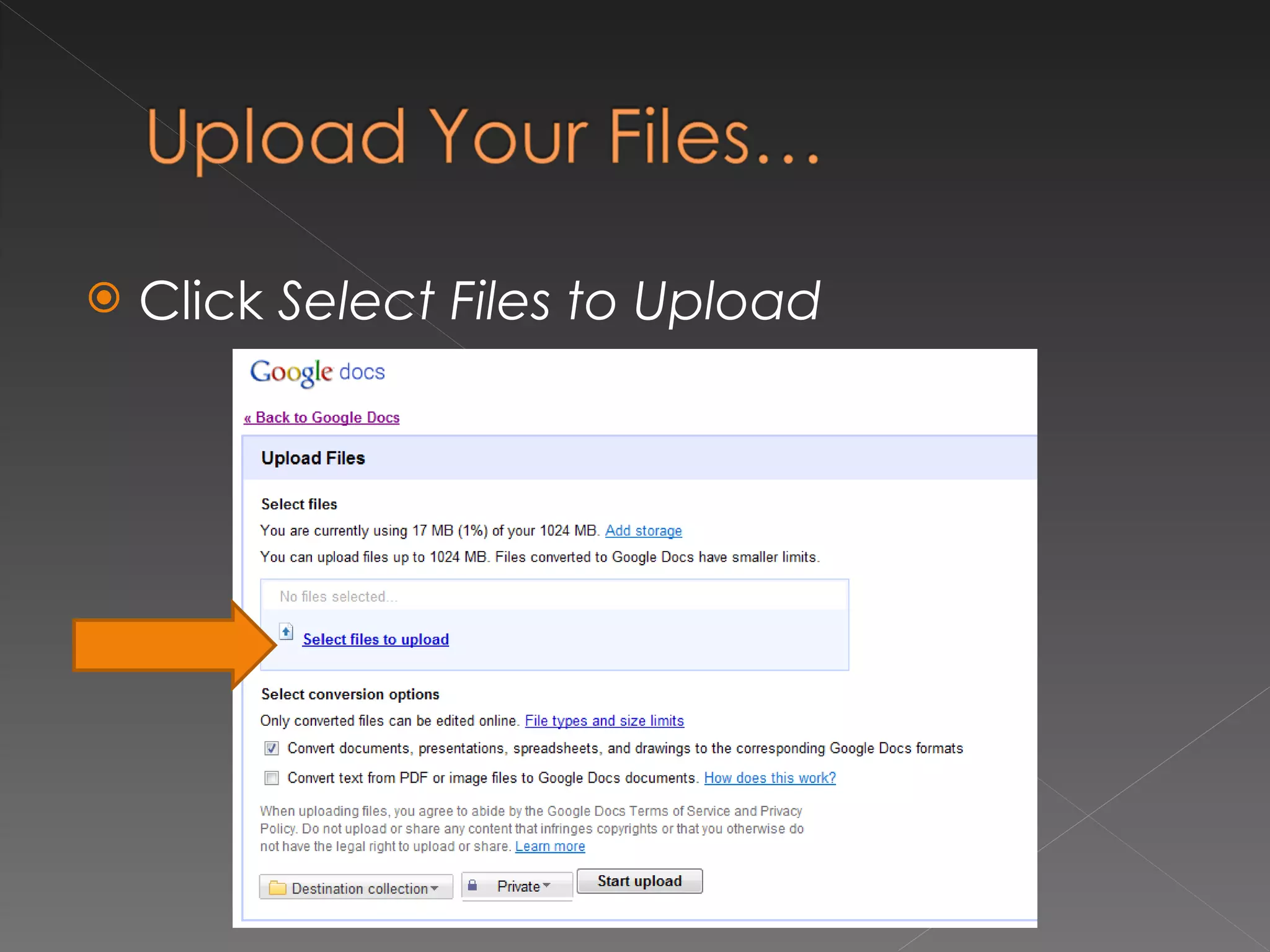 Click  Select Files to Upload 