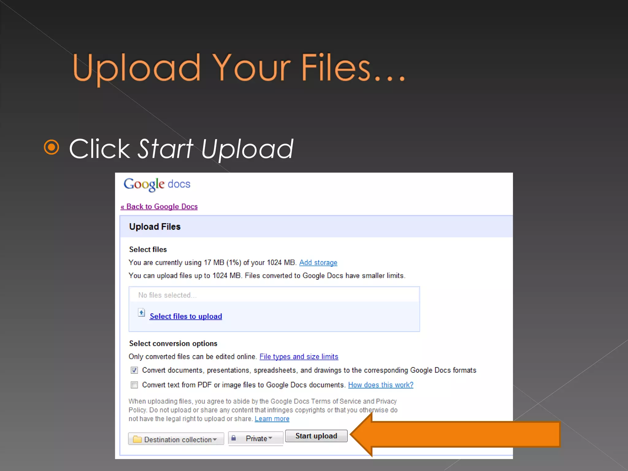 Click  Start Upload 