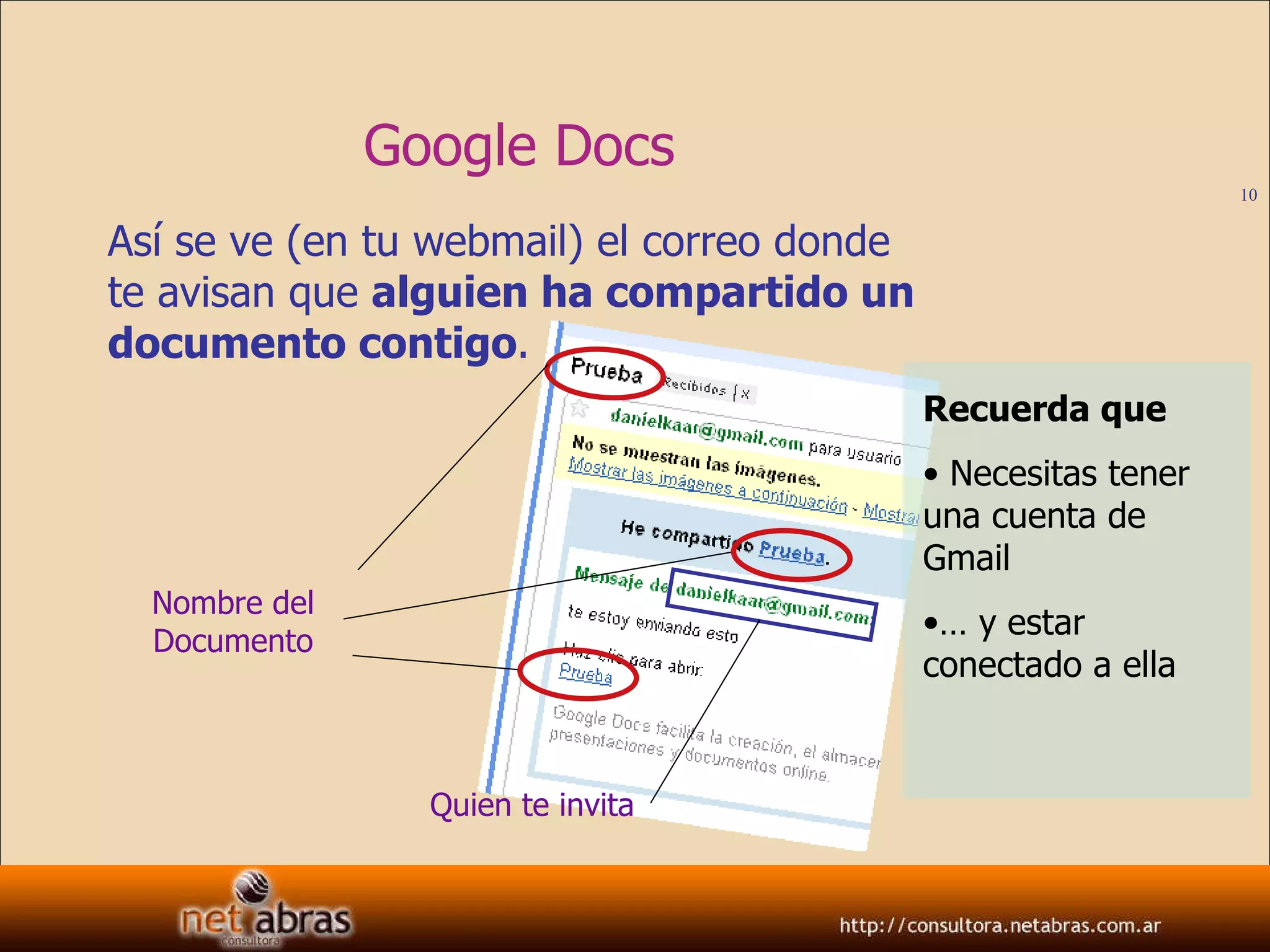 Google Docs Así se ve (en tu webmail) el correo donde te avisan que  alguien ha compartido un documento contigo . Quien te invita Nombre del Documento Recuerda que Necesitas tener una cuenta de Gmail  …  y estar conectado a ella 