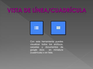 Con esta herramienta puedes
visualizar todos los archivos,
carpetas y documentos de
google docs en miniatura
(cuadrícula) o en lista.